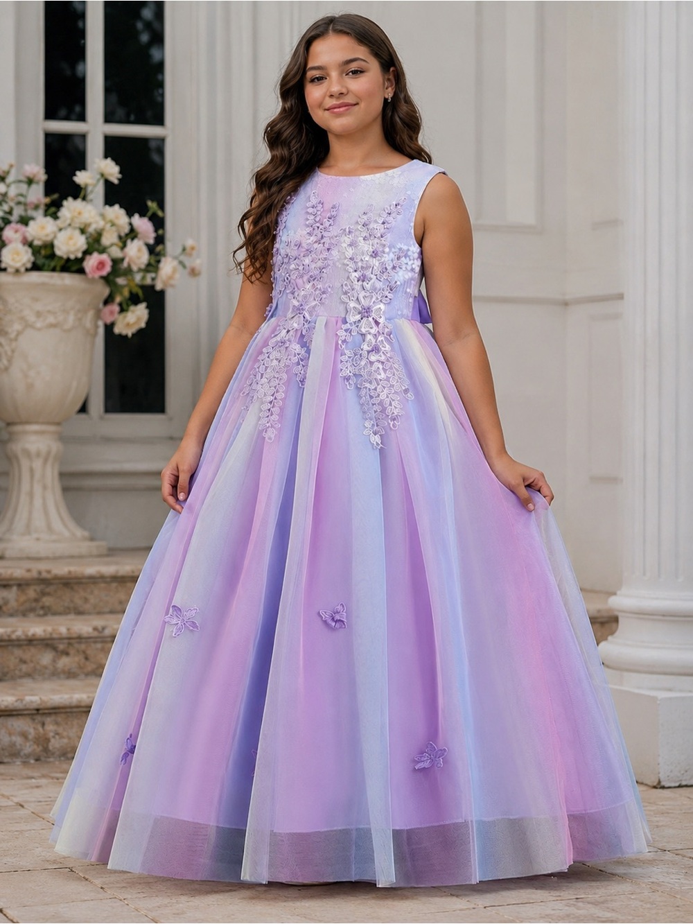 Lilac & Pink Ombre Floral Tulle Girls' Party Dress